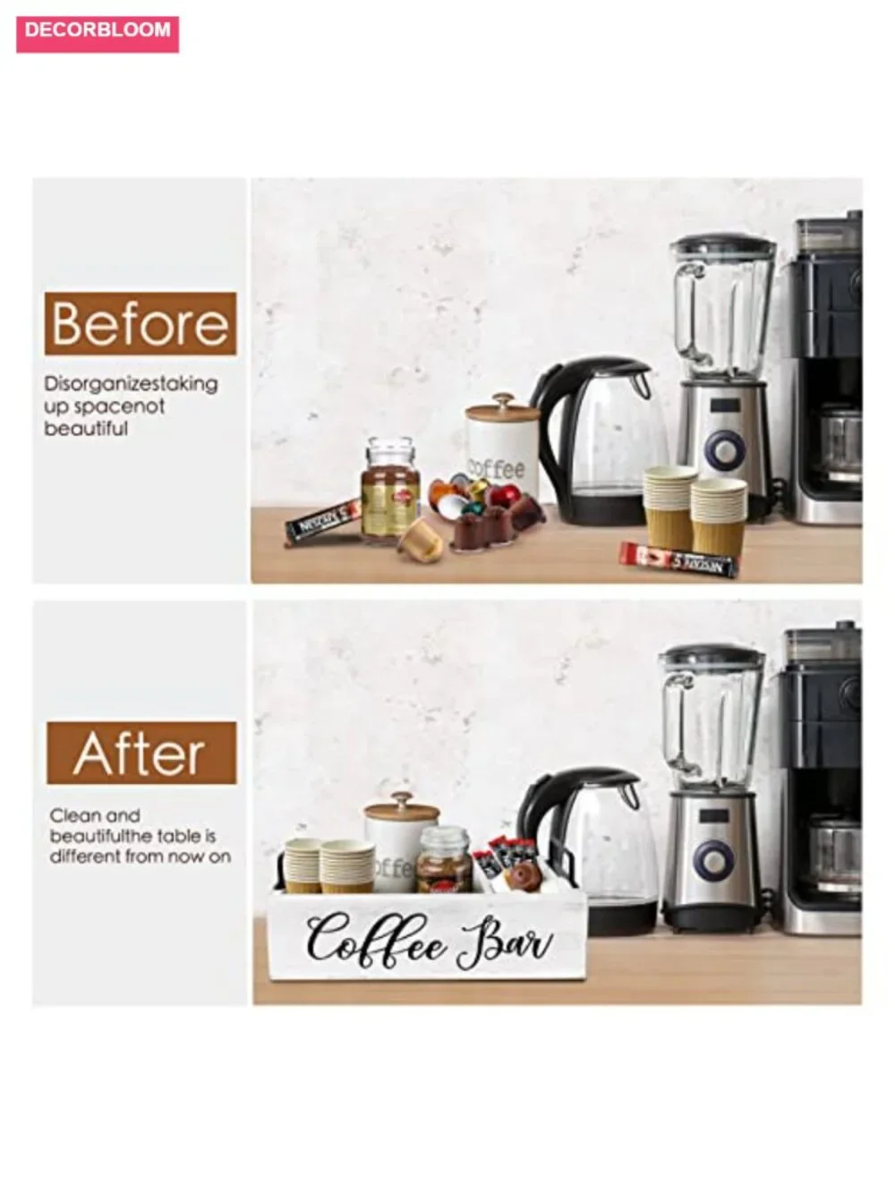 Wood Coffee Bar Organizer with 4 Compartments, Coffee Pod Holder & Storage